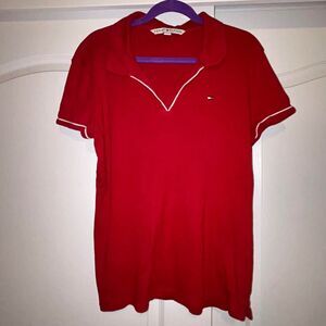 Tommy Hilfiger emma red white piping buttonless collar preppy polo woman's XL